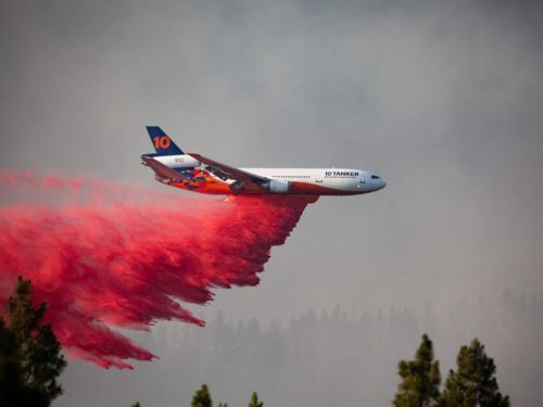 Photo of a DC-10 making a retardant drop on the Bootleg fire in Oregon on July 15.