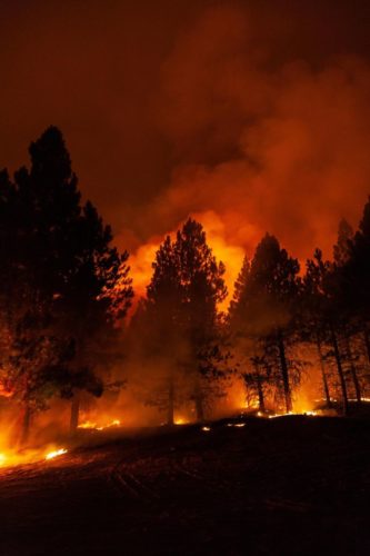 Nighttime firefighting operations during the Bootleg fire in Oregon on July 15, 2021.