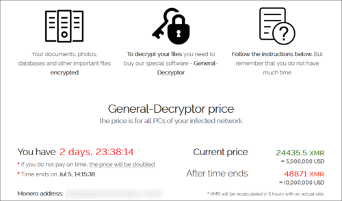 Ransomware deployed by hacker group REvil in July 2021. The hackers are requesting payment in the form of the cryptocurrency monero (XMR).