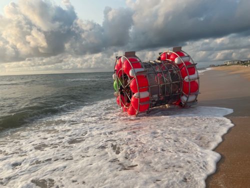 Reza Baluchi's "hydro pod" on a beach in Florida.