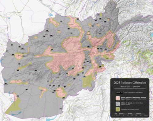 Map of the 2021 Taliban-led offensive in Afghanistan after the announcement of the United States' withdrawal. All credit goes to Islamic World News' work