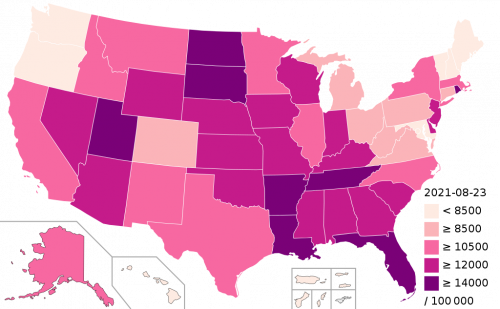 Confirmed cases of COVID-19 per 100,000 residents in the USA by state or territory.