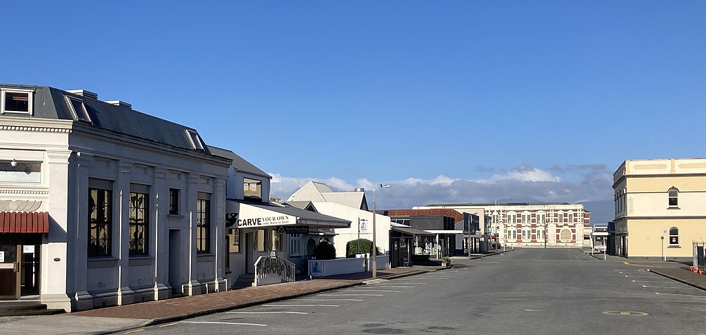 Empty Hamilton Street, Hokitika, showing the Hokitika Savings Bank building and the Okitiki Building (formerly Renton Hardware). Taken during level 4 COVID-19 lockdown, August 18, 2021.