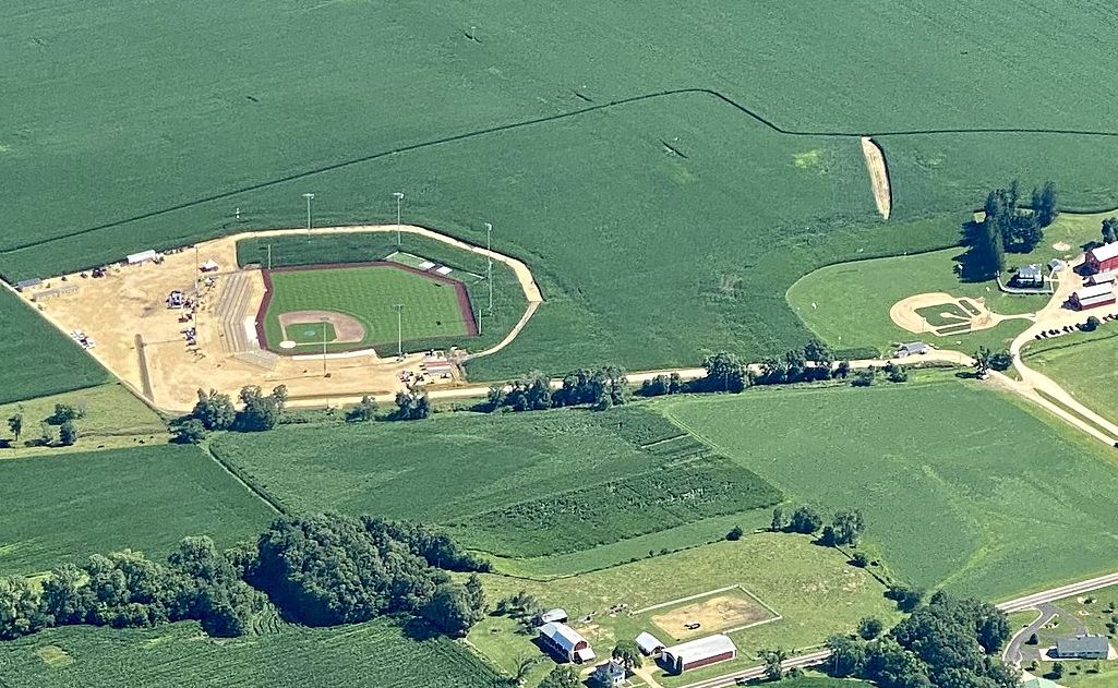 Aerial view of ballparks near Dyersville, Iowa. The baseball field on the right side of the image is the location where the movie Field of Dreams was filmed. The ballpark on the left side of the image was constructed by Major League Baseball (MLB) to host the "MLB at Field of Dreams" game, originally scheduled for the 2020 season but postponed to 2021.