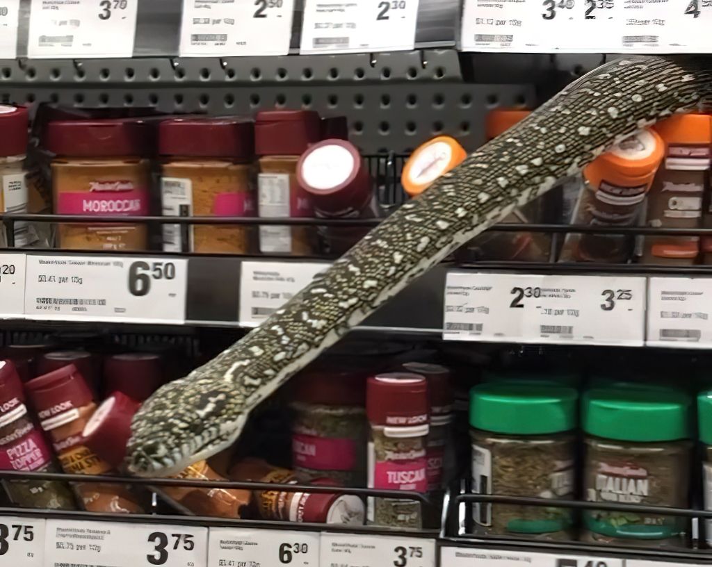 Diamond python in spice shelves in Woolworths in Sydney, Australia.