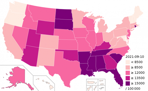 Confirmed cases of COVID-19 per 100,000 residents in the USA by state or territory