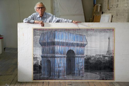 Christo in his studio with a preparatory drawing for "L'Arc de Triomphe, Wrapped", New York City, September 20, 2019