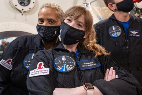 Altitude chamber training at Duke Health in Durham, North Carolina. Sian Proctor and Haley Arceneaux in masks.