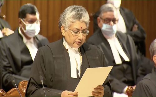 B.V. Nagarathna as she is being sworn in as a justice of the Supreme court of India