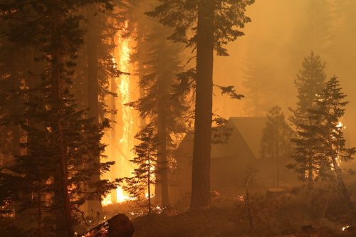 A building in the woods near the roaring flames of the Caldor Fire on August 29, 2021.