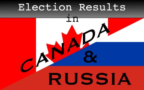 Graphic hybrid that's half flag of Canada and half flag of Russia, with the words 'Election Results in Canada & Russia'.