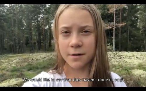 Screenshot of Greta Thunberg from a video where she and other climate activists speak out before an October climate meeting in Milan.