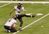 Baltimore Ravens kicker Justin Tucker kicks a field goal attempt in Super Bowl XLVII. February 3, 2013