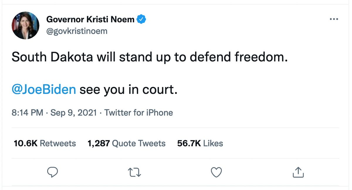 Screenshot of a tweet from South Dakota Governor Kristi Noem saying, "South Dakota will stand up to defend freedom. @JoeBiden, see you in court."