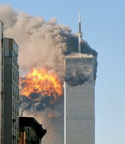 The northeast face of Two World Trade Center (south tower) after being struck by plane in the south face.