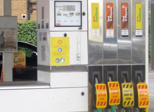 Pumps out of use. Sold out, Effects of panic buying at Shell petrol station, Wetherby as a result of the 2021 United Kingdom fuel crisis