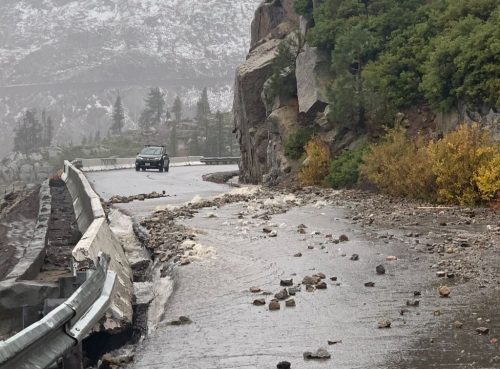 Rock and water coming off a mountain, blocking Donner Pass Road, near Truckee, California.