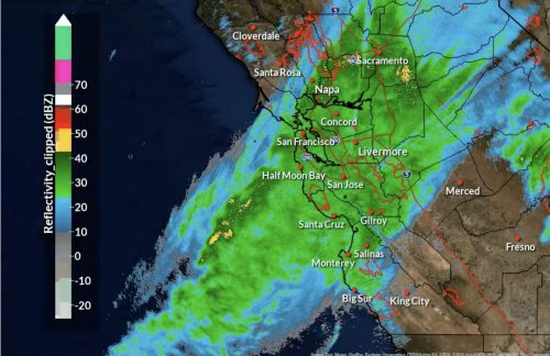 Specially colored weather image showing the atmospheric river.