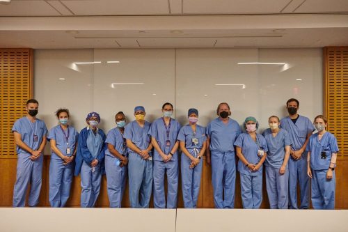 Members of the xenotransplant surgical team at NYU Langone Health. The team leader, Dr. Robert Montgomery, is fifth from the right.