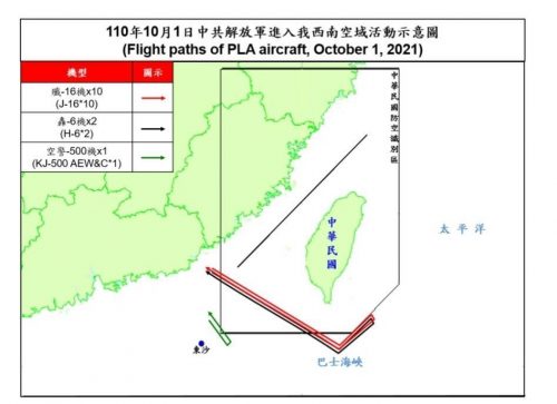 Map showing the flight paths of Chinese warplanes flying in Taiwan's air defense identification zone.