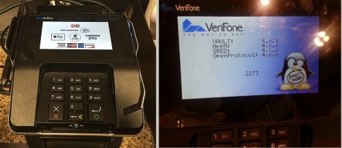 Left: Credit card swipe device from Dunkin' Donuts, Right: Similar device showing a Linux boot screen with the "Linux Inside" logo.