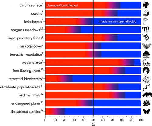 Summary of major human-driven environmental-change by category, expressed as a percentage change (in red) relative to the baseline (in blue).