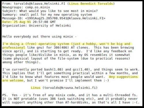 Image showing Linus Torvald's 1991 Usenet post announcing Linux, with "I'm doing a (free) operating system (just a hobby, won't be big and professional" highlighted.