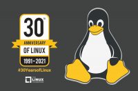 Linux 30th Anniversary banner & Tux, the Linux mascot.