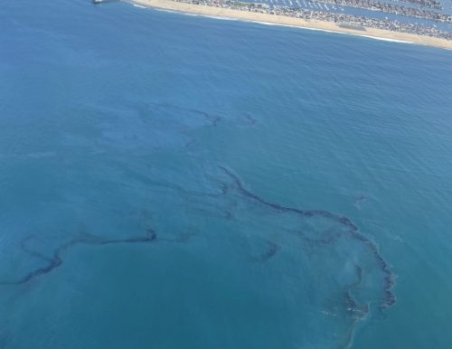 Aerial view of the oil spill off the coast of Orange county, California on October 3, 2021.