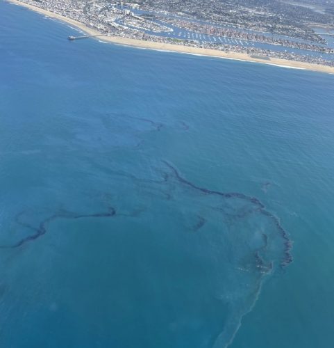 Aerial view of the oil spill off the coast of Orange county, California on October 3, 2021.