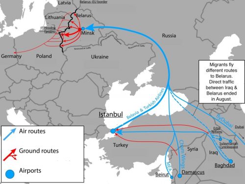 2021 Belarus–European Union border crisis, routes of illegal migrants are shown