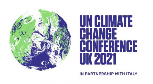 Logo for UK COP26. A stylized swirly globe with the words "UN Climate Change Conference UK 2021, in partnership with Italy."