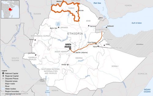 Ethiopia Base Map with Tigray outlined in thick red, and the road to Addis Ababa from Djibouti marked with a thinner red line.