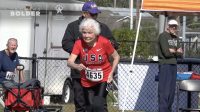 Julia "Hurricane" Hawkins takes of on her record-setting run as a 105-year-old.