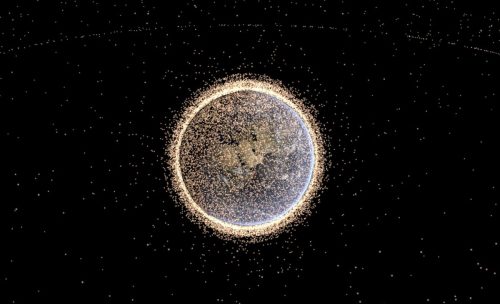 Image of Earth from space rendered using the satcat catalog from NORAD data. Every point represents a piece of space debris in the NORAD catalog. The Earth appears surrounded by a thick halo of points.