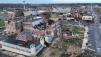 Graves County Courthouse after Tornado, Mayfield, Kentucky. The ruins of the 1888-89 courthouse after an F4 tornado cut a 230+mile path across southwestern Kentucky on December 10, 2021. This image is from drone footage shot by KY State Senator Whitney Westerfield.