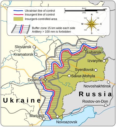 A map of the buffer zone established by the Minsk Protocol during the War in Donbass.