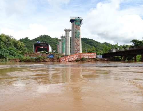 Bridge construction on the Mekong in Luang Prabang Province. The bridge will be a part of the Vientiane–Boten railway, August 2018.