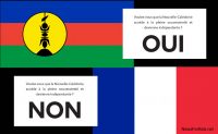 Ballot choices from New Caledonia's referendum on independence on a backdrop of the French flag and the Kanak and Socialist National Liberation Front political party, which is also used by the territory of New Caledonia alongside the flag of France.