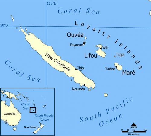 A map showing the location of the Loyalty Islands in the South Pacific Ocean. The islands include Lifou, Mare, Ouvea and Tiga, and nearby New Caledonia.