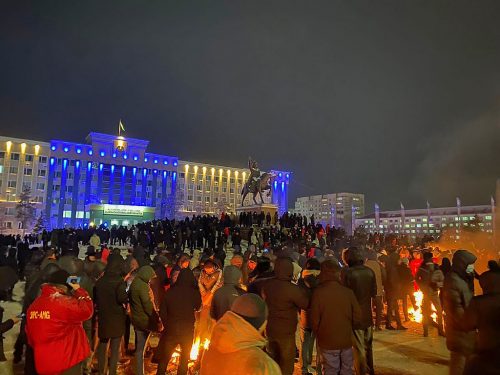 Protesters on the central square of Aktobe on January 4, 2022