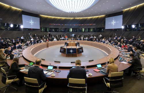 Deputy Secretary of State Wendy Sherman briefs the North Atlantic Council in Brussels, Belgium, on January 11, 2022.