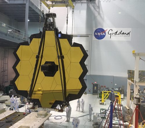 A rare view of the James Webb Space Telescope main mirror face-on, from the NASA Goddard cleanroom observation window.