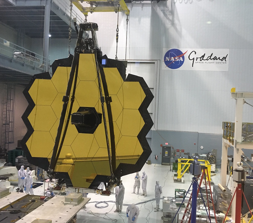 A rare view of the James Webb Space Telescope main mirror face-on, from the NASA Goddard cleanroom observation window.