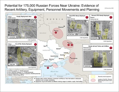 An unclassified U.S. intelligence document on Russian military movement (nearby the Ukrainian border). Obtained by The Washington Post) which states: The unclassified U.S. intelligence document obtained by The Post, which includes satellite photos, shows Russian forces massing in four locations. Currently, 50 battlefield tactical groups are deployed, along with 'newly arrived' tanks and artillery, according to the document. While Ukrainian assessments have said Russia has approximately 94,000 troops near the border, the U.S. map puts the number at 70,000 — but it predicts a buildup to as many as 175,000.