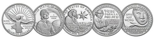 US quarter dollars honoring Maya Angelou, Sally Ride, Wilma Mankiller, Nina Otero-Warren, and Anna May Wong as part of the American Women Quarters program.