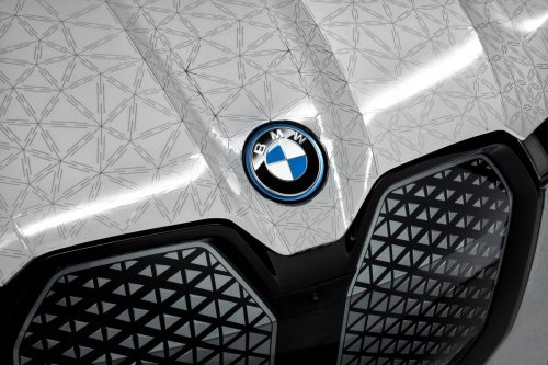 Closeup of BMW's color-changing iX electric car.