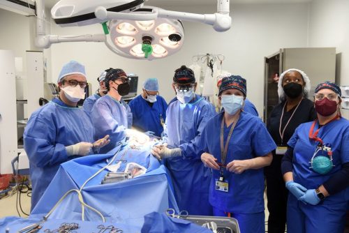 Medical team performing the first transplant of a pig heart into a human.