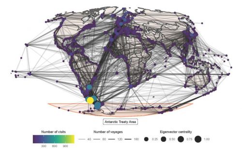 Port to port traffic network of all ships that visited Antarctica 2014-2018.