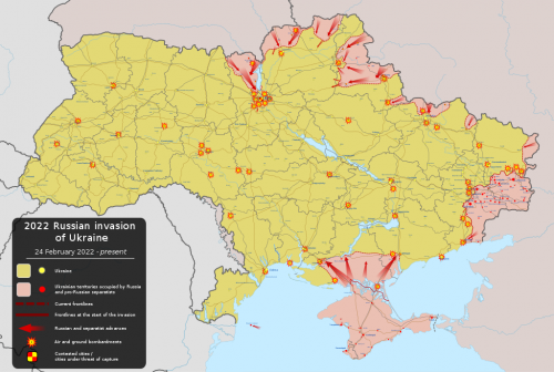 2022 Russian invasion of Ukraine, Military situation as of 25 February 2022, showing areas controlled by Ukraine and areas occupied by Russia and pro-Russian forces.